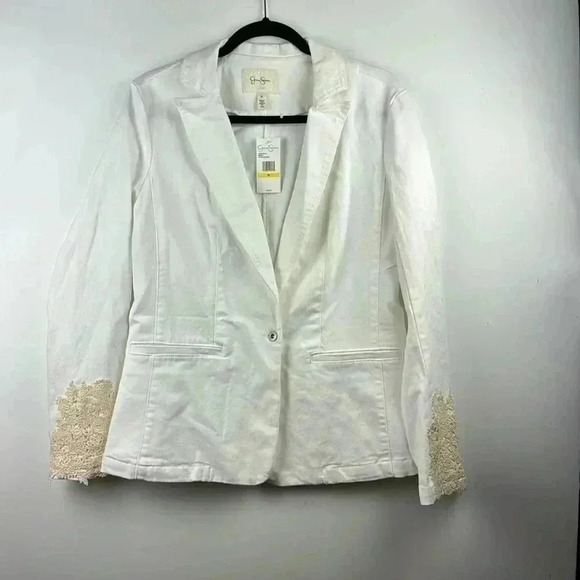 JESSICA SIMPSON SZ M WHITE DENIM FITTED BLAZER W/CREME LACE & SILVER BUTTONS NWT - Picture 1 of 8